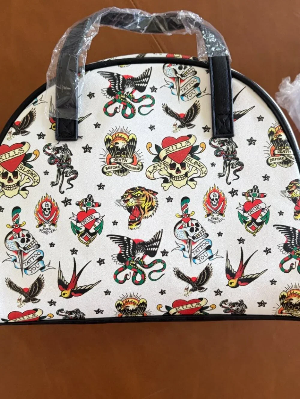 Ed Hardy White Tattoo-Print Insulated Crossbody Lunch Tote Bag NWT back 2 school